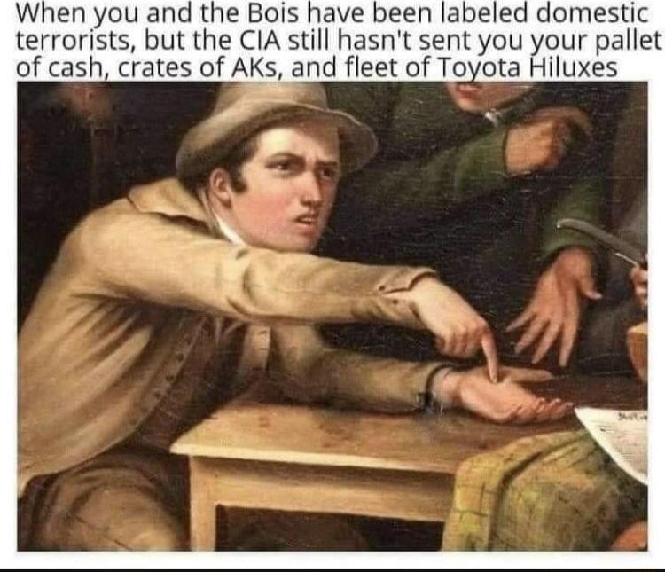 When you and the Bois have been labeled domestic terrorists but the CIA still hasnt sent you your pallet of cash crates of AKs and fleet of Toyota Hiluxes