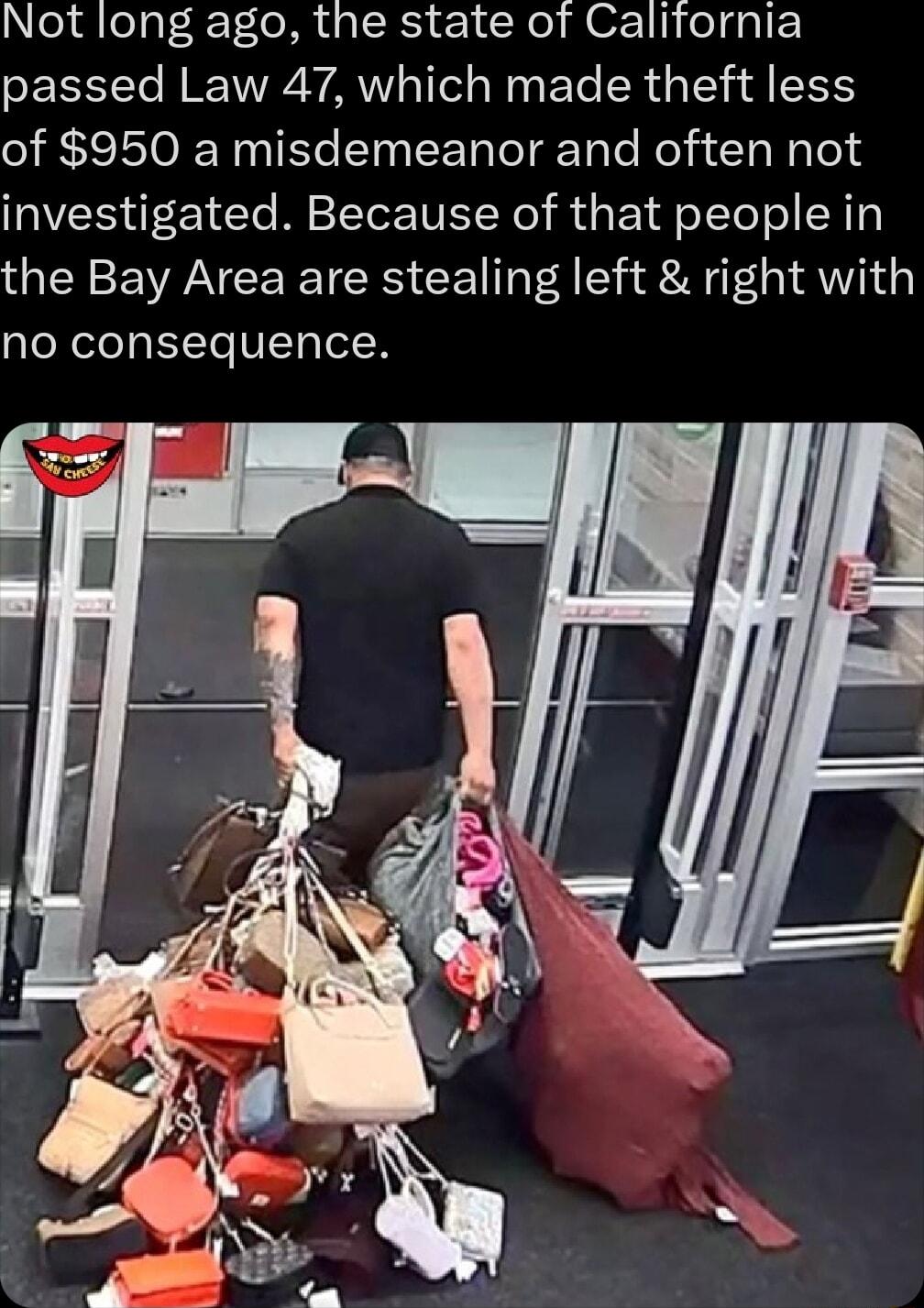 e elpl T ecMda Ry e No M OF1 ol gpF passed Law 47 which made theft less of 950 a misdemeanor and often not investigated Because of that people in the Bay Area are stealing left right with no consequence