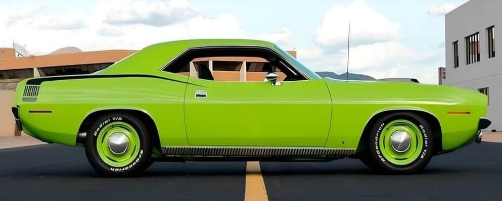 A bright lime green classic muscle car, possibly a Plymouth Barracuda, with black stripes and matching green wheels, parked on an asphalt road. The tires have 'BFGoodrich Radial T/A' written on them.