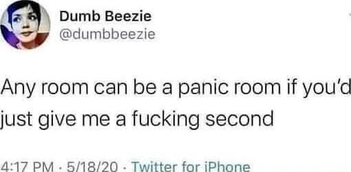 Dumb Beezie dumbbeezie Any room can be a panic room if youd just give me a fucking second 417 PM 51820 Twitter for iPhone