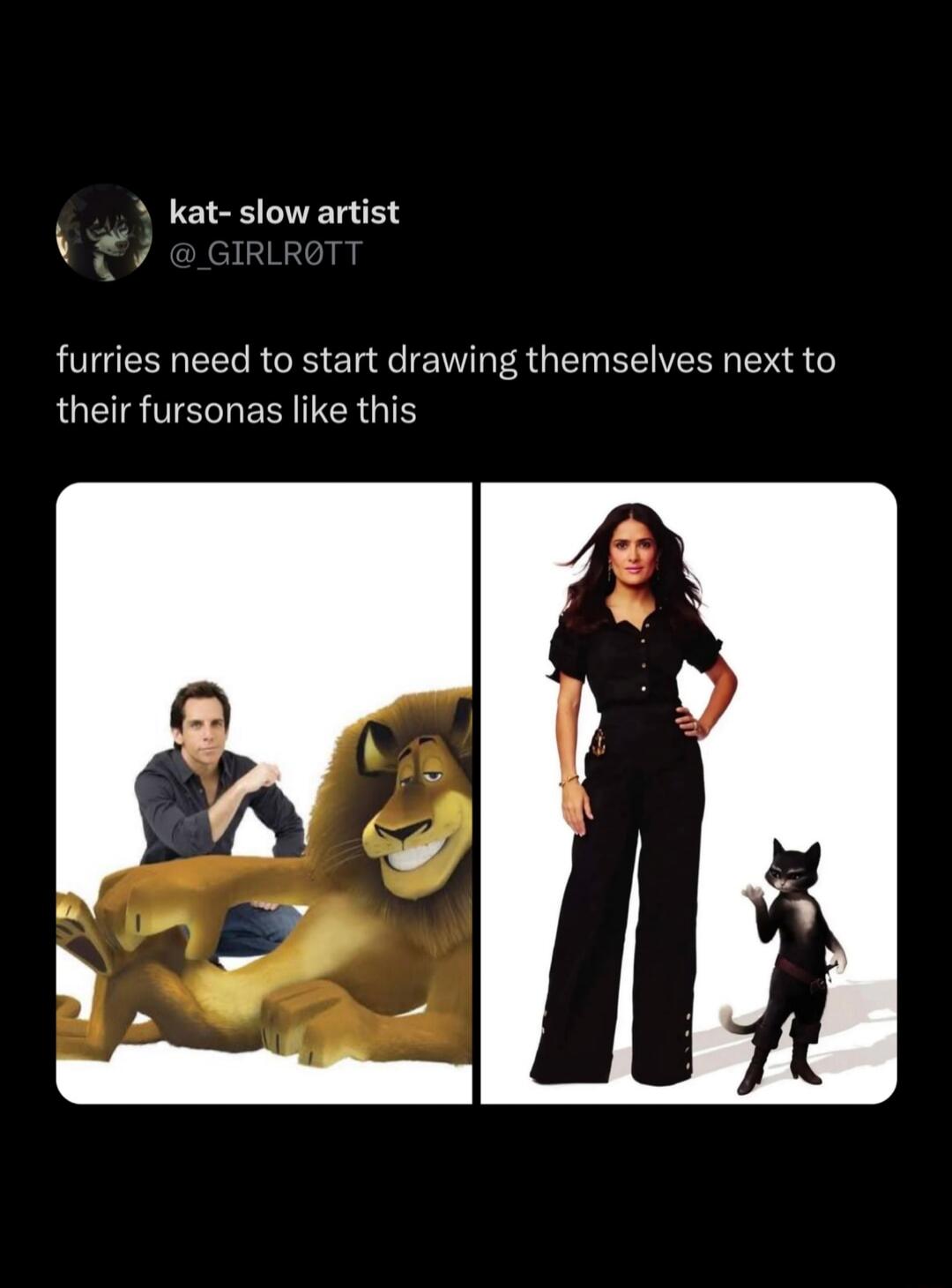 kat- slow artist @ _GIRLRØTT furries need to start drawing themselves next to their fursonas like this