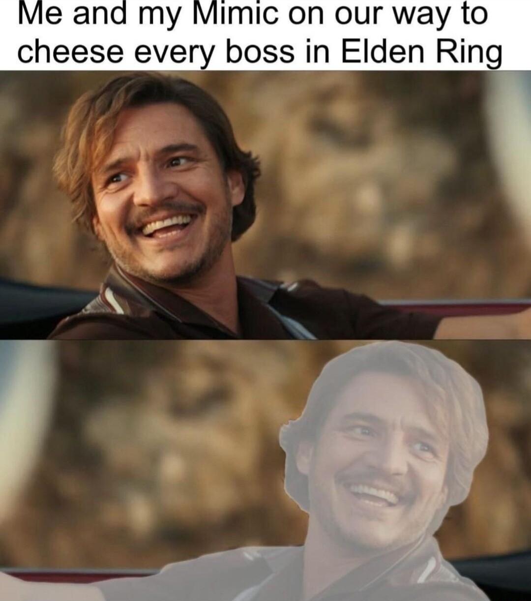 Vie and my Mimic on our way to cheese every boss in Elden Ring