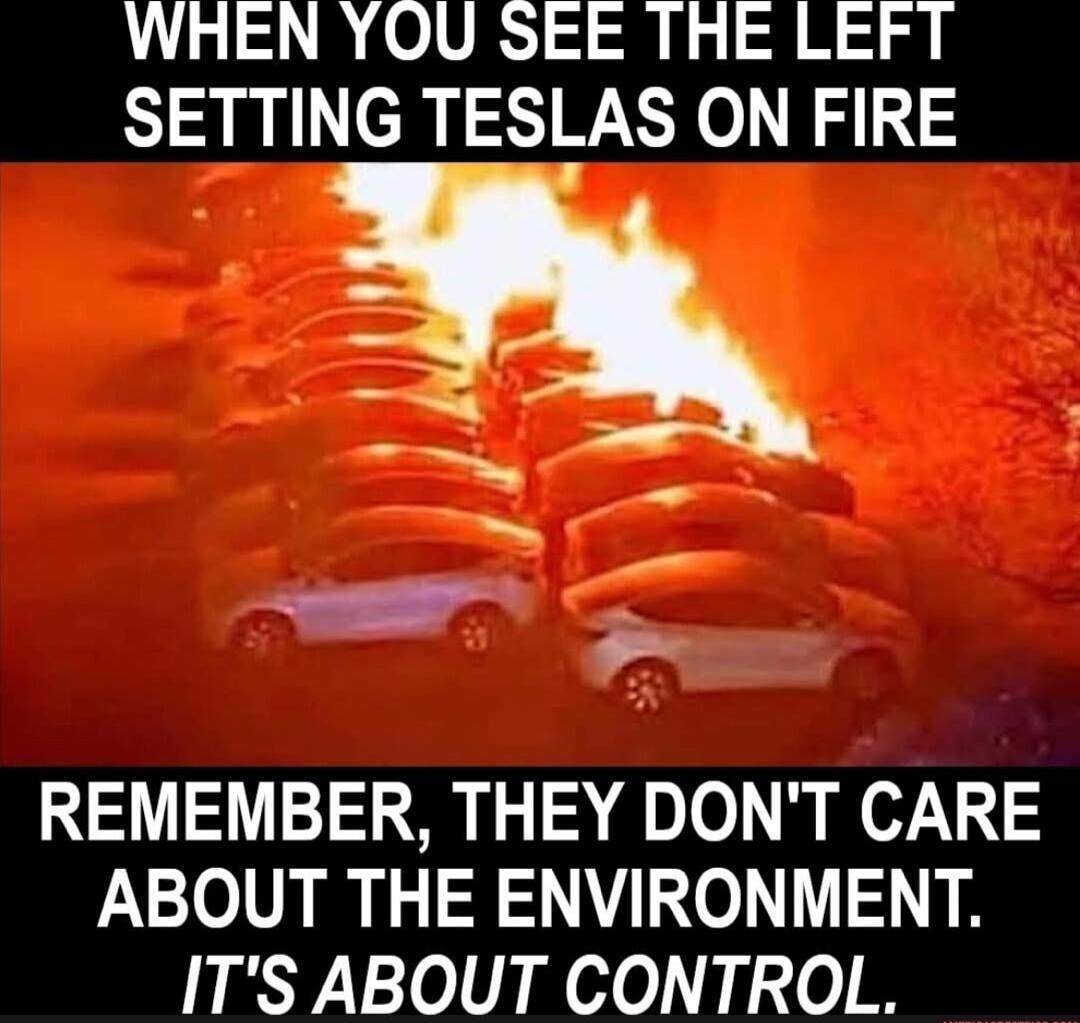 WHEN YOU SEE THE LEFT SETTING TESLAS ON FIRE REMEMBER, THEY DON'T CARE ABOUT THE ENVIRONMENT. IT'S ABOUT CONTROL.