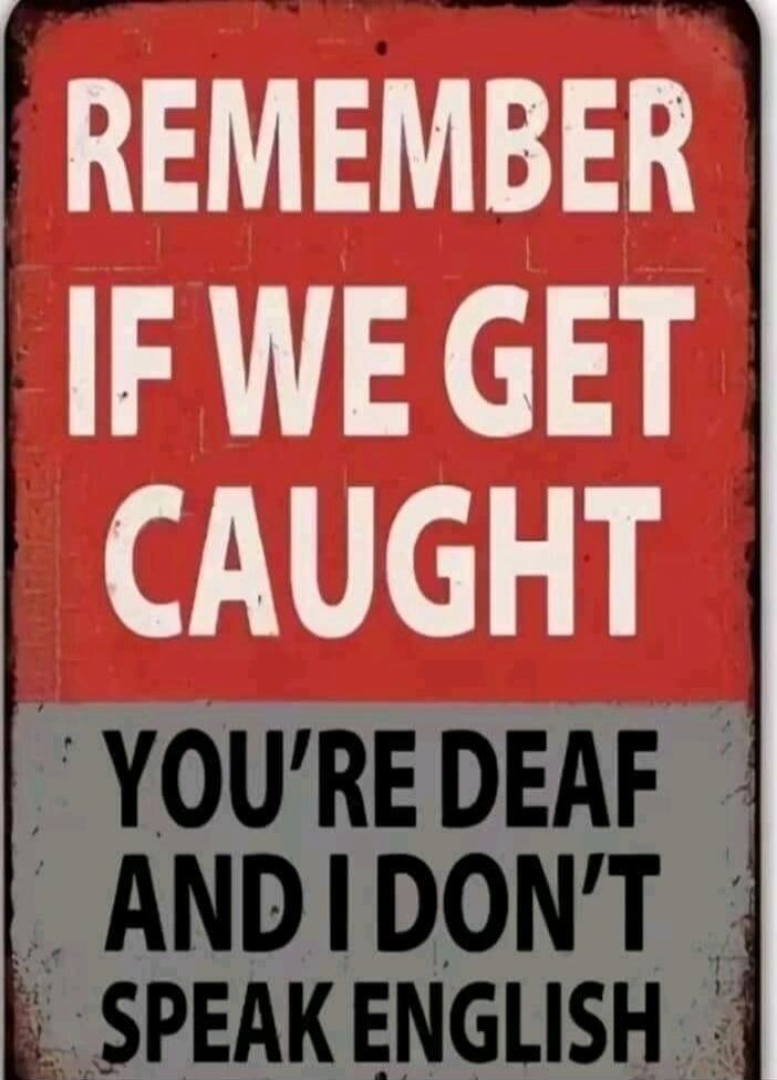 REMEMBER IF WE GET CAUGHT YOU'RE DEAF AND I DON'T SPEAK ENGLISH