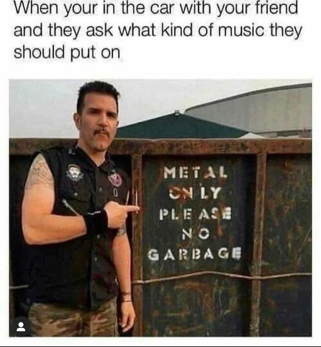 When your In the car with your friend and they ask what kind of music they should put on METAL CN LY PLE ASH NC GARBAGE