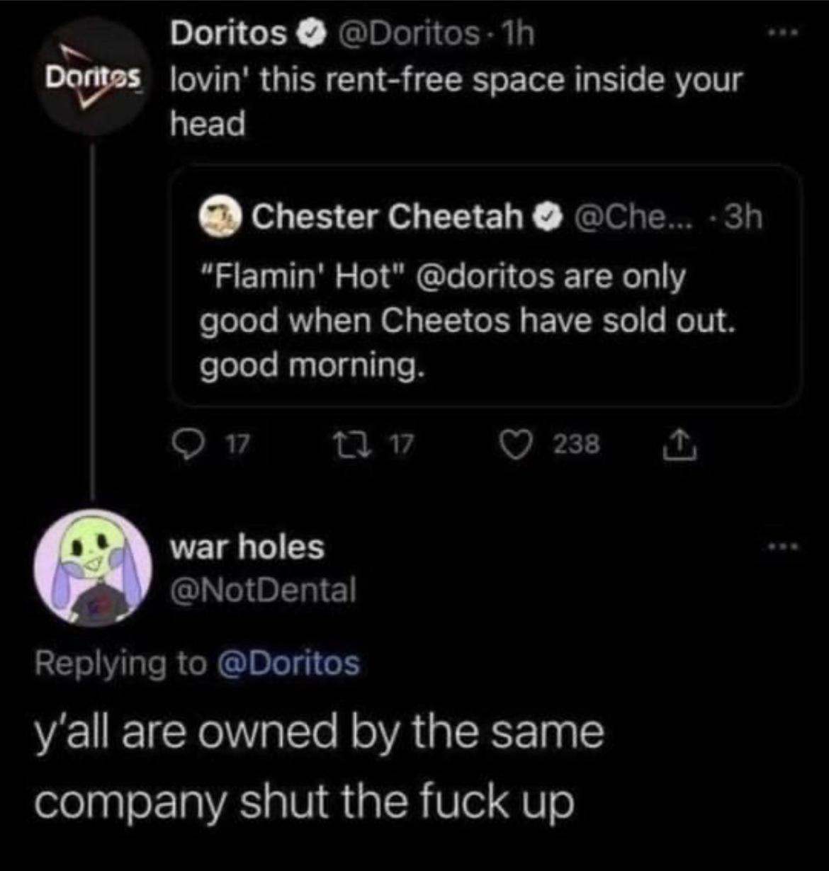 Doritos Doritos 1h Dvu lovin this rent free space inside your EETe Chester Cheetah Che 3h Flamin Hot doritos are only good when Cheetos have sold out good morning Q v 1w Q 238 1 war holes P NotDental Replying to Doritos yall are owned by the same company shut the fuck up