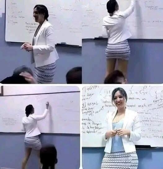A woman, likely a teacher or lecturer, is shown in a collage of four images in front of a whiteboard. She is wearing a white blazer and a short striped skirt. In some frames, she is writing on the board, and in others, she is smiling at the camera. The whiteboard contains what appears to be mathematical or scientific notes and formulas, including w