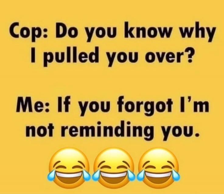 Cop: Do you know why I pulled you over? Me: If you forgot I'm not reminding you.