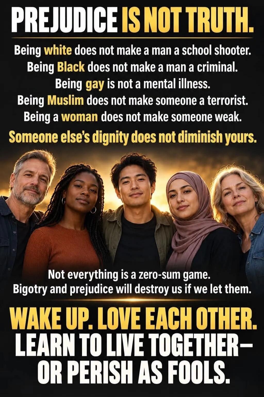 PREJUDICE IS NOT TRUTH. Being white does not make a man a school shooter. Being Black does not make a man a criminal. Being gay is not a mental illness. Being Muslim does not make someone a terrorist. Being a woman does not make someone weak. Someone else's dignity does not diminish yours. Not everything is a zero-sum game. Bigotry and prejudice wi