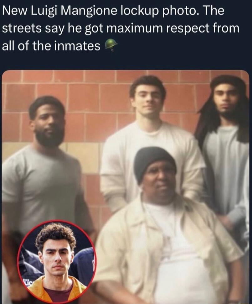 New Luigi Mangione lockup photo. The streets say he got maximum respect from all of the inmates 🪖