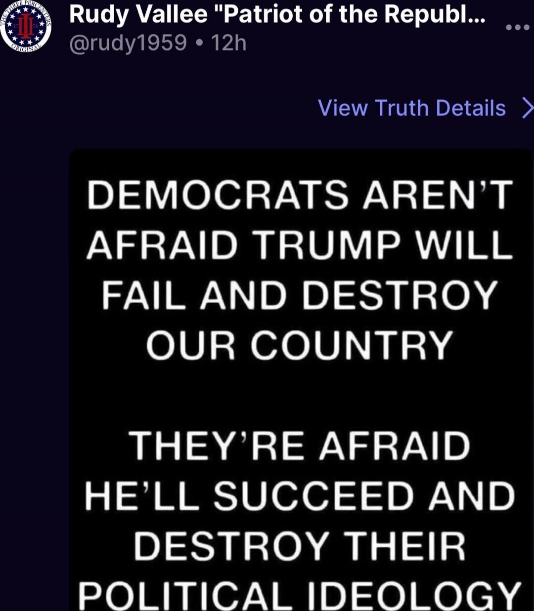 DEMOCRATS AREN'T AFRAID TRUMP WILL FAIL AND DESTROY OUR COUNTRY THEY'RE AFRAID HE'LL SUCCEED AND DESTROY THEIR POLITICAL IDEOLOGY
