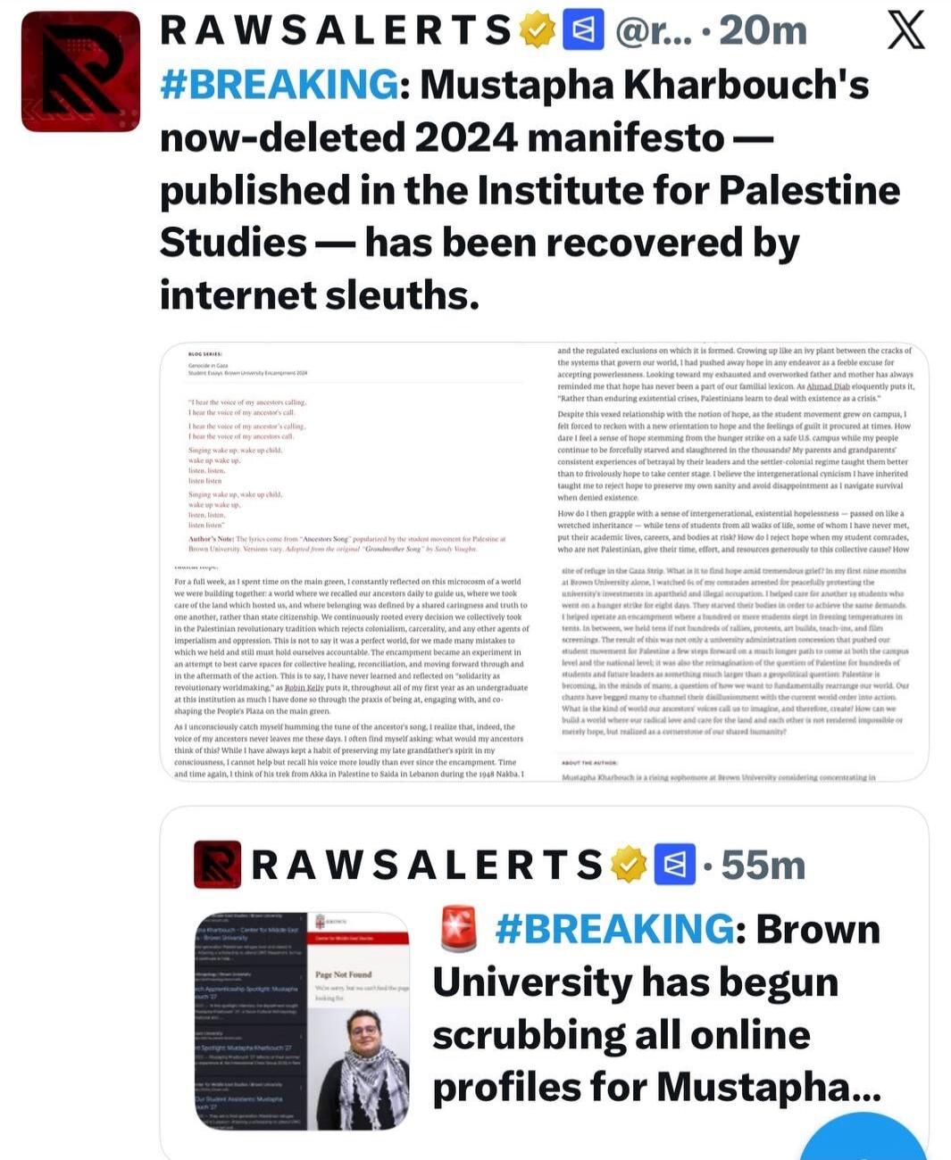 #BREAKING: Mustapha Kharbouch's now-deleted 2024 manifesto — published in the Institute for Palestine Studies — has been recovered by internet sleuths.

#BREAKING: Brown University has begun scrubbing all online profiles for Mustapha...