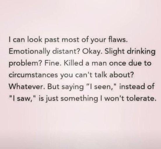 can look past most of your flaws Emotionally distant Okay Slight drinking problem Fine Killed a man once due to circumstances you cant talk about Whatever But saying l seen instead of l saw is just something wont tolerate