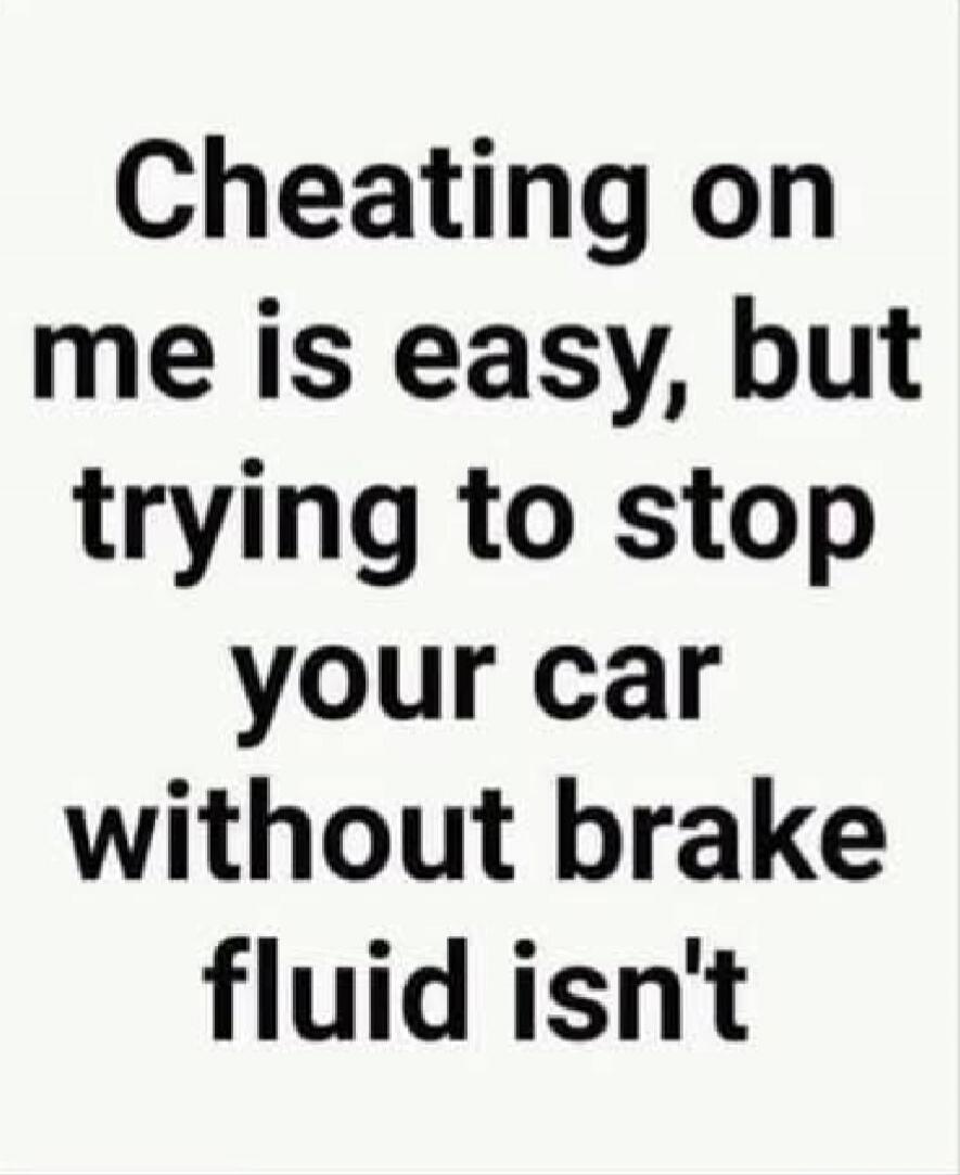 Cheating on me is easy, but trying to stop your car without brake fluid isn't