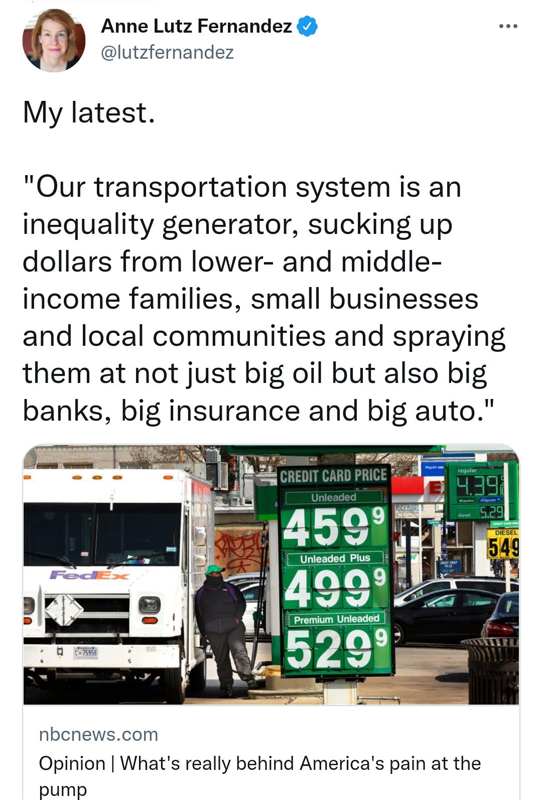 M Anne Lutz Fernandez lutzfernandez My latest Our transportation system is an inequality generator sucking up dollars from lower and middle income families small businesses and local communities and spraying them at not just big oil but also big banks big insurance and big auto nbcnewscom Opinion Whats really behind Americas pain at the pump