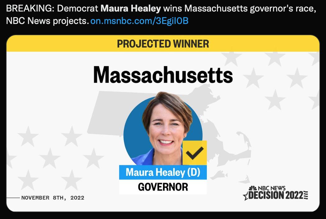 BREAKING Democrat Maura Healey wins Massachusetts governors race NBC News projects on msnbe com3EgiIOE PROJECTED WINNER Massachusetts