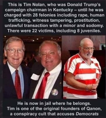 This is Tim Nolan who was Donald Trumps CELET LR B EL LR CH TR T CRVEES charged with 28 felonies including rape human trafficking witness tampering prostitution LIEVGTRTELEET GO RGN T G BTG I YA There were 22 victims including 8 juveniles He is now in jail where he belongs Tim is one of the original founders of Qanon ER CLEE RS GE T LTEEER L Ll e T8 Q47 1296 Va3 Posted in rWhitePeopleTwitter redar