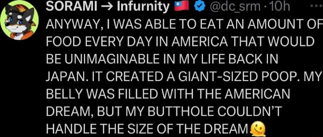 SORAMI Infurnity dc srm 10h if ANYWAY WAS ABLE TO EAT AN AMOUNT OF FOOD EVERY DAY IN AMERICA THAT WOULD BE UNIMAGINABLE IN MY LIFE BACK IN JAPAN IT CREATED A GIANT SIZED POOP MY BELLY WAS FILLED WITH THE AMERICAN DREAM BUT MY BUTTHOLE COULDNT HANDLE THE SIZE OF THE DREAM