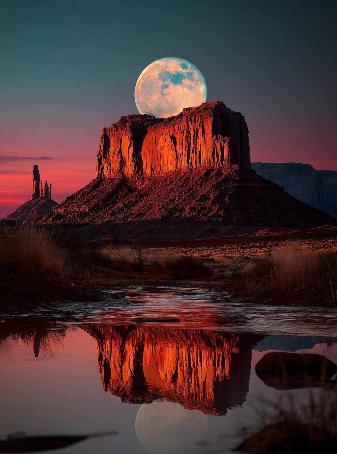 A dramatic desert landscape at twilight: a large full moon sits behind a red rock mesa, casting a warm orange glow. The scene is reflected in a calm pool in the foreground, with grasses along the banks.