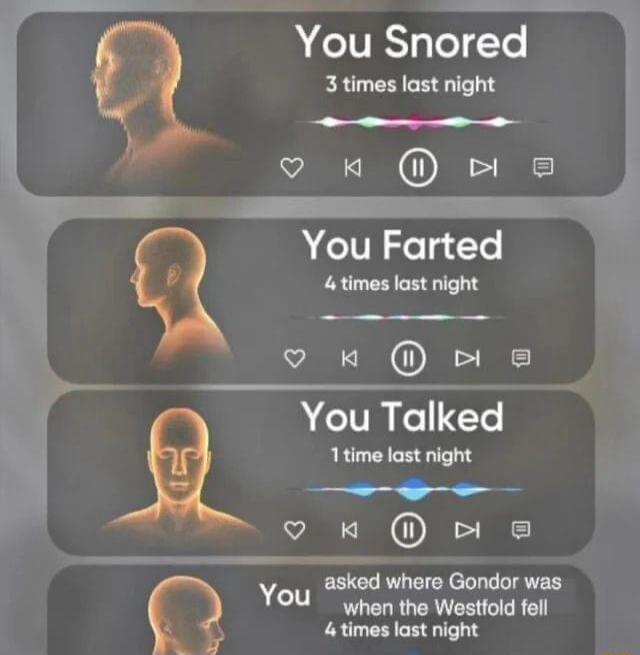 a You Snored 3 times last night MR ONC a You Farted 4times last night o 1 jl You Talked i IO BT You asked where Gondor was when the Westfold fell 4times last night