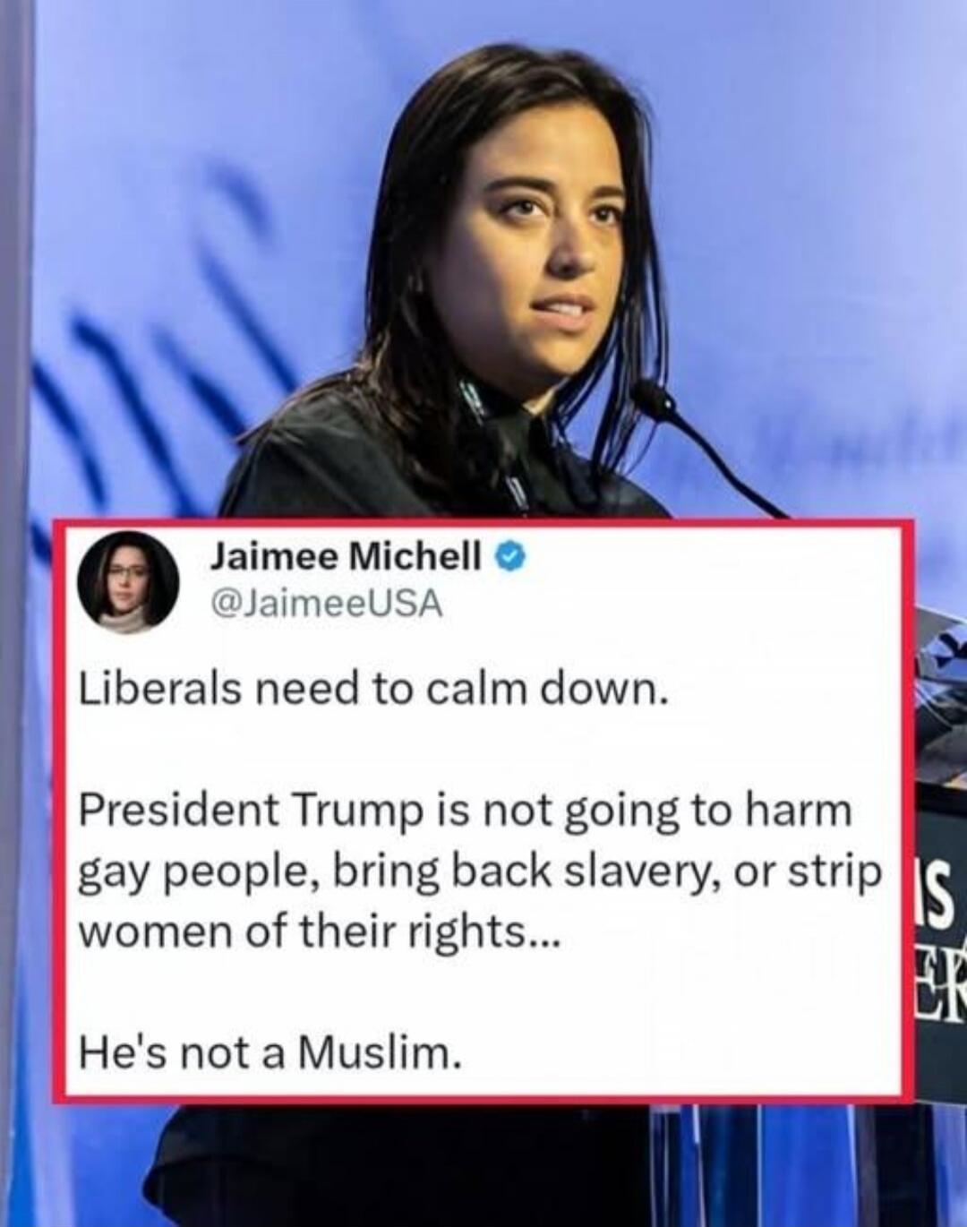 Jaimee Michell @JaimeeUSA Liberals need to calm down. President Trump is not going to harm gay people, bring back slavery, or strip women of their rights... He's not a Muslim.