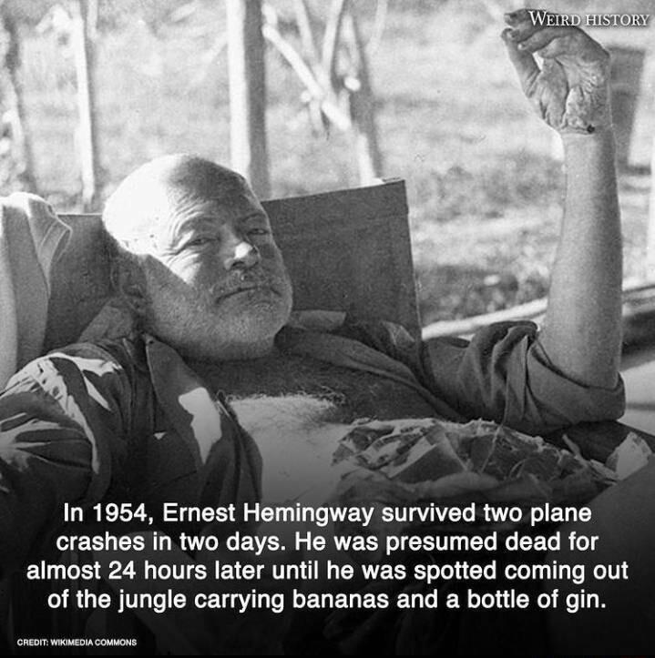 7 4 In 1954 Ernest Hemingway survived two plane LIEEL EERU R R EVER CRVEERIEET EL R EEG R T almost 24 hours later until he was spotted coming out of the jungle carrying bananas and a bottle of gin