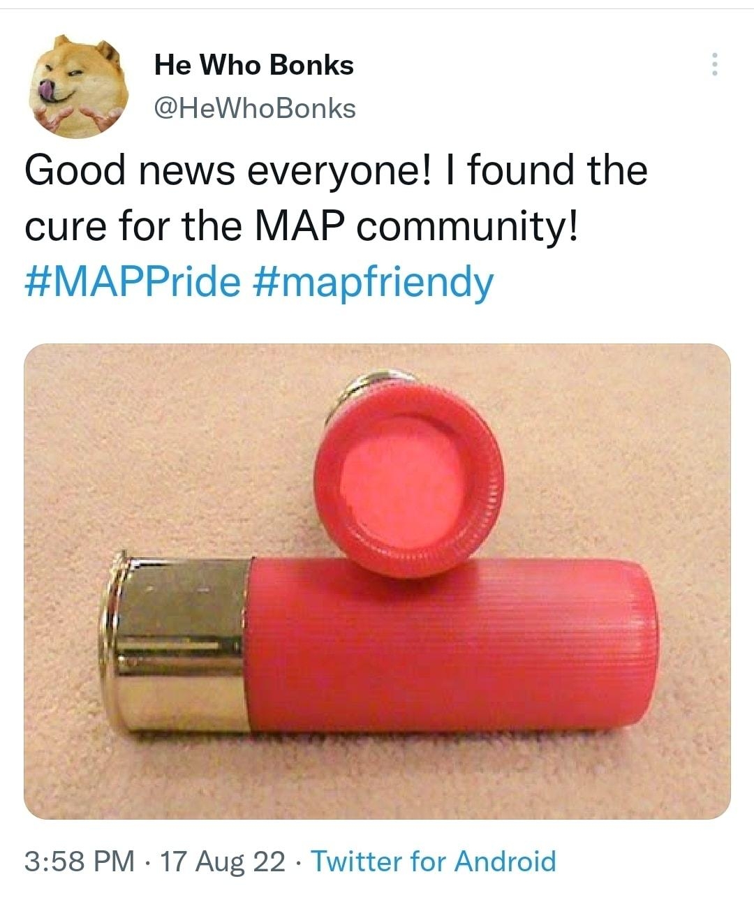 1239 8 8 l 64a Tweet He Who Bonks HeWhoBonks Good news everyone found the cure for the MAP community MAPPride mapfriendy 358 PM 17 Aug 22 Twitter for Android Il View Tweet activity i L 4 i