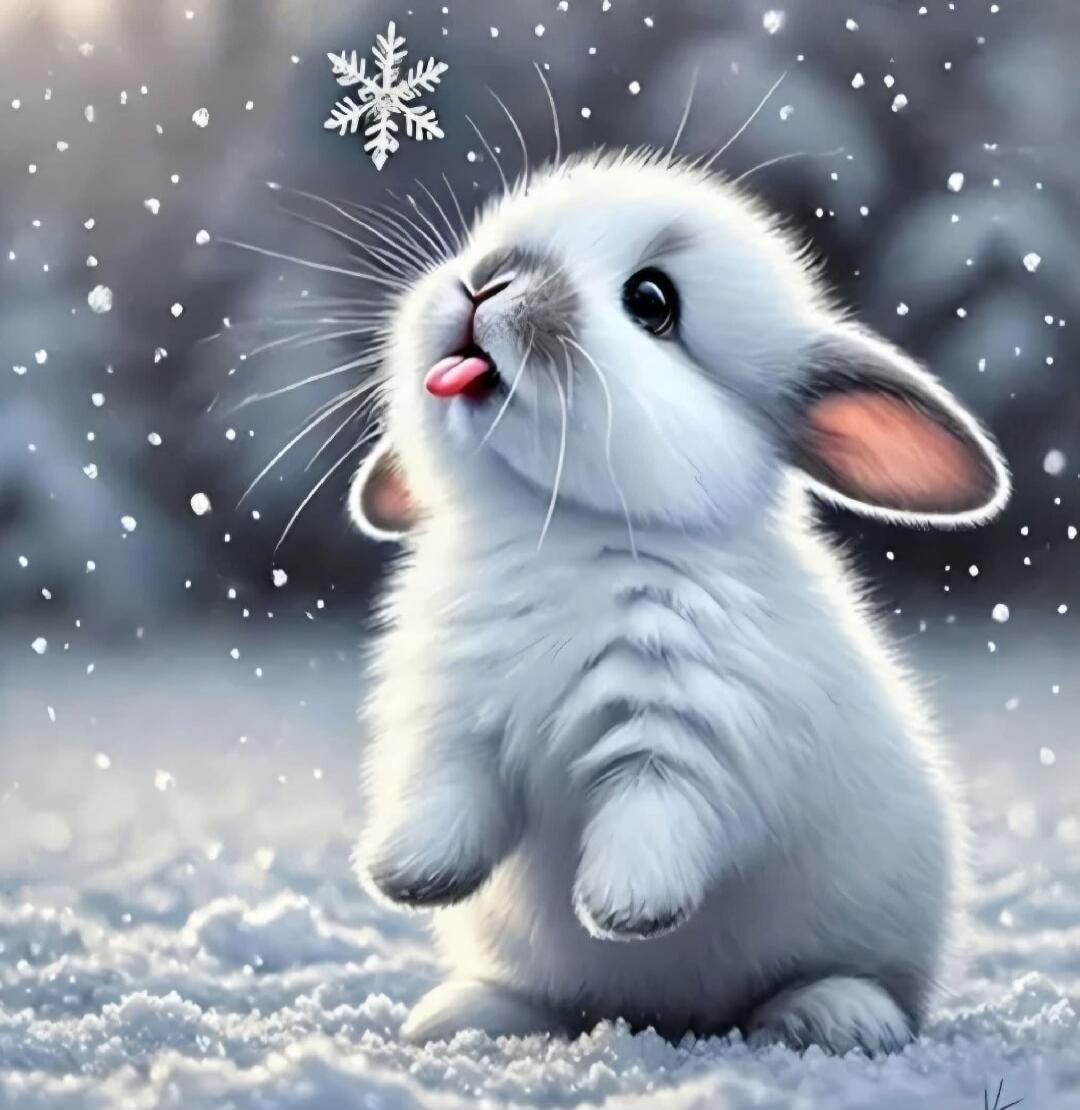 A white bunny in a snowy scene, looking up at a hanging snowflake with its tongue out.
