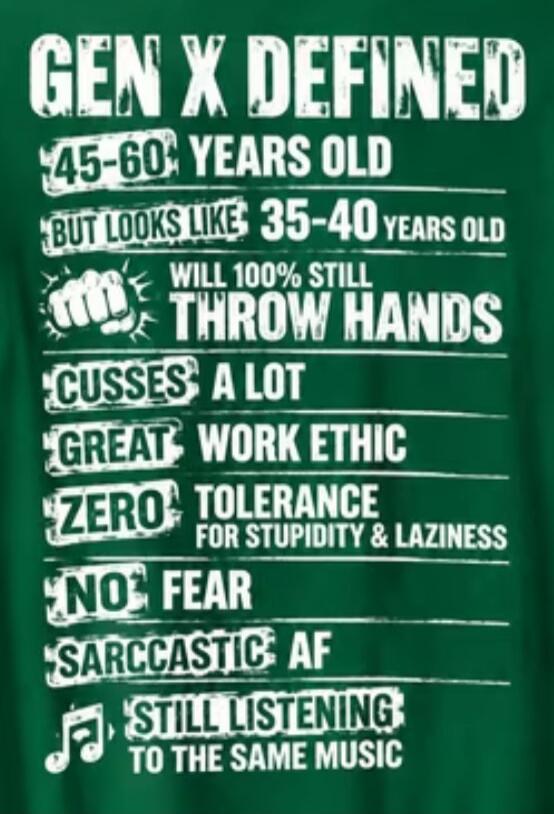 GEN X DEFINED. 45-60 YEARS OLD BUT LOOKS LIKE 35-40 YEARS OLD. WILL 100% STILL THROW HANDS. CUSSES A LOT. GREAT WORK ETHIC. ZERO TOLERANCE FOR STUPIDITY & LAZINESS. NO FEAR. SARCASTIC AF. STILL LISTENING TO THE SAME MUSIC.
