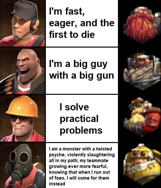 Im fast eager and the first to die Im a big guy with a big gun solve practical problems 1am a monster with a twisted psyche violently slaughtering allin my path my teammate growing ever more fearful knowing that when run out of foes will come for them instead