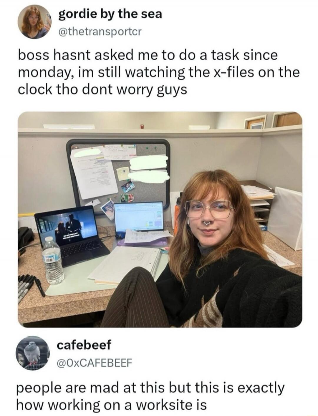 gordie by the sea: boss hasn't asked me to do a task since Monday, I'm still watching The X-Files on the clock though, don't worry guys. cafebeef: people are mad at this but this is exactly how working on a worksite is.