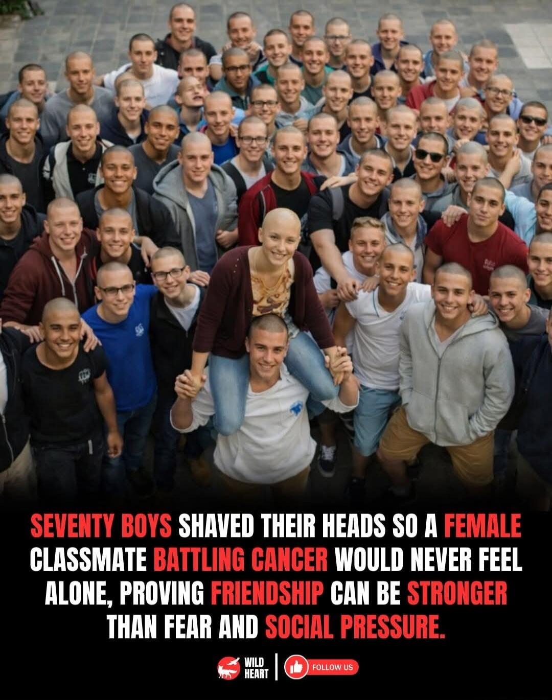 SEVENTY BOYS SHAVED THEIR HEADS SO A FEMALE CLASSMATE BATTLING CANCER WOULD NEVER FEEL ALONE, PROVING FRIENDSHIP CAN BE STRONGER THAN FEAR AND SOCIAL PRESSURE.