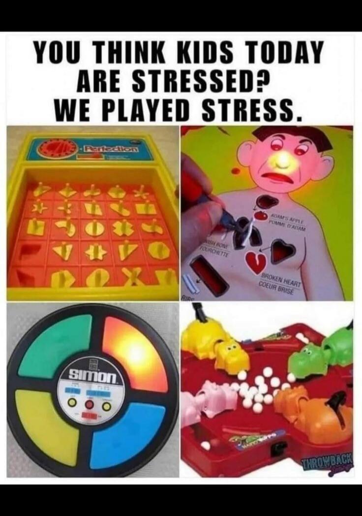 YOU THINK KIDS TODAY ARE STRESSED? WE PLAYED STRESS. (images show Operation, Simon, Trouble).