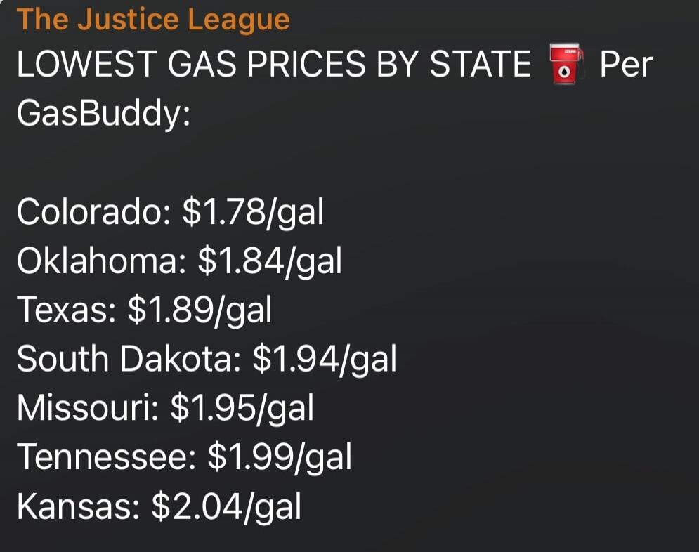 The Justice League
LOWEST GAS PRICES BY STATE 🚦 Per GasBuddy:
Colorado: $1.78/gal
Oklahoma: $1.84/gal
Texas: $1.89/gal
South Dakota: $1.94/gal
Missouri: $1.95/gal
Tennessee: $1.99/gal
Kansas: $2.04/gal
Session ID: 1035574.