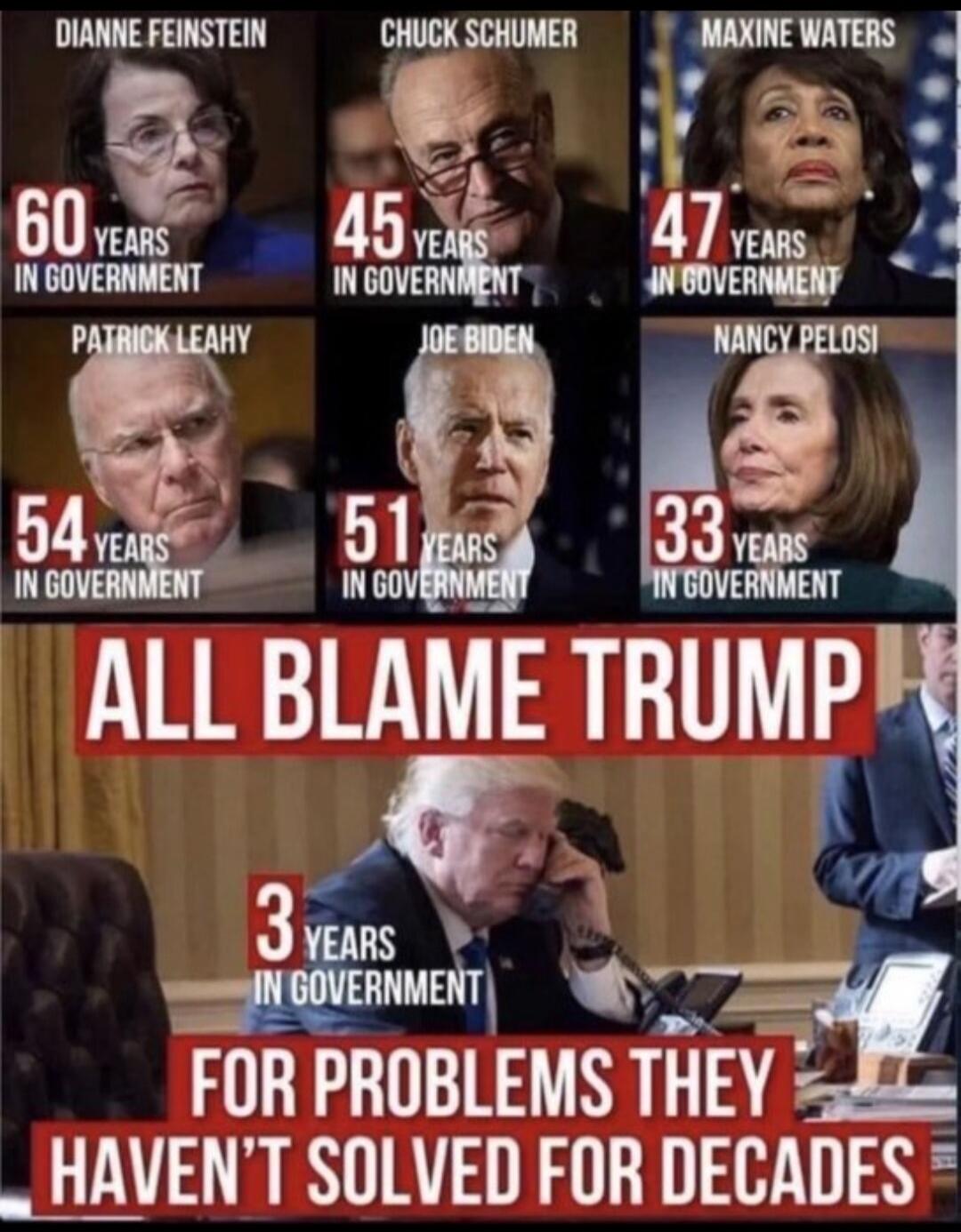 DIANNE FEINSTEIN 60 YEARS IN GOVERNMENT CHUCK SCHUMER 45 YEARS IN GOVERNMENT MAXINE WATERS 47 YEARS IN GOVERNMENT PATRICK LEAHY 54 YEARS IN GOVERNMENT JOE BIDEN 51 YEARS IN GOVERNMENT NANCY PELOSI 33 YEARS IN GOVERNMENT ALL BLAME TRUMP 3 YEARS IN GOVERNMENT FOR PROBLEMS THEY HAVEN'T SOLVED FOR DECADES