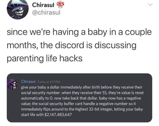g Chirasul o chirasul since were having a baby in a couple months the discord is discussing parenting life hacks