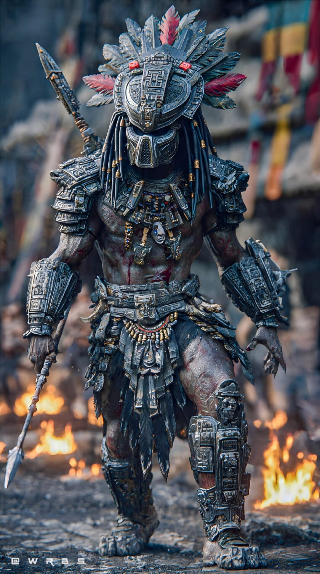 Predator in tribal armor with a spear, standing in front of a fire.