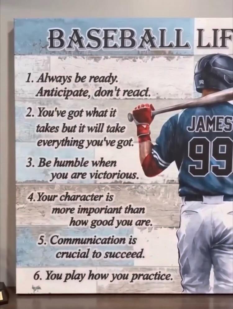 BASEBALL LIFE 1. Always be ready. Anticipate, don't read. 2. You've got what it takes but it will take everything you've got. 3. Be humble when you are victorious. 4. Your character is more important than how good you are. 5. Communication is crucial to succeed. 6. You play how you practice.