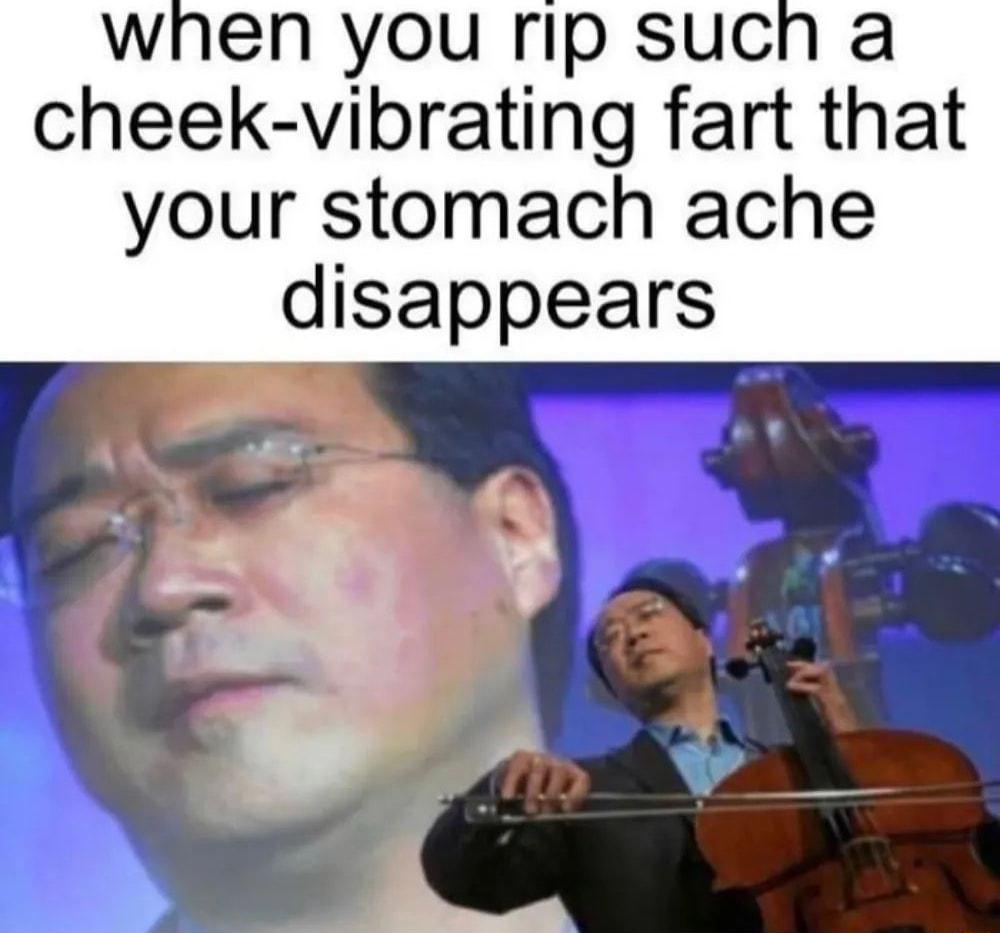 when you rip such a cheek vibrating fart that your stomach ache disappears