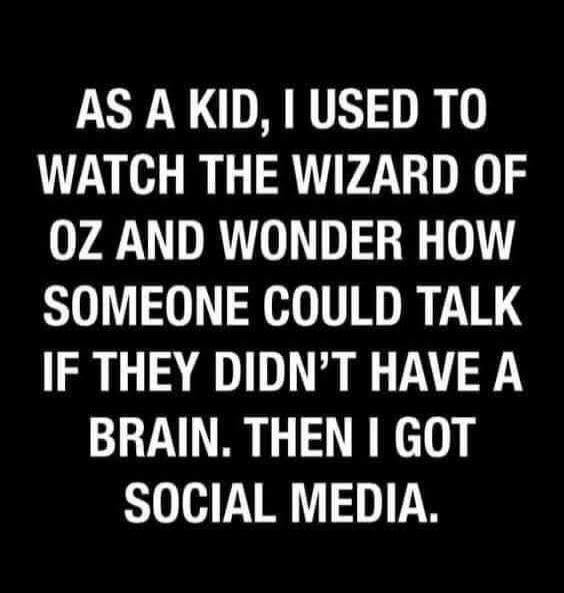 AS A KID, I USED TO WATCH THE WIZARD OF OZ AND WONDER HOW SOMEONE COULD TALK IF THEY DIDN'T HAVE A BRAIN. THEN I GOT SOCIAL MEDIA.