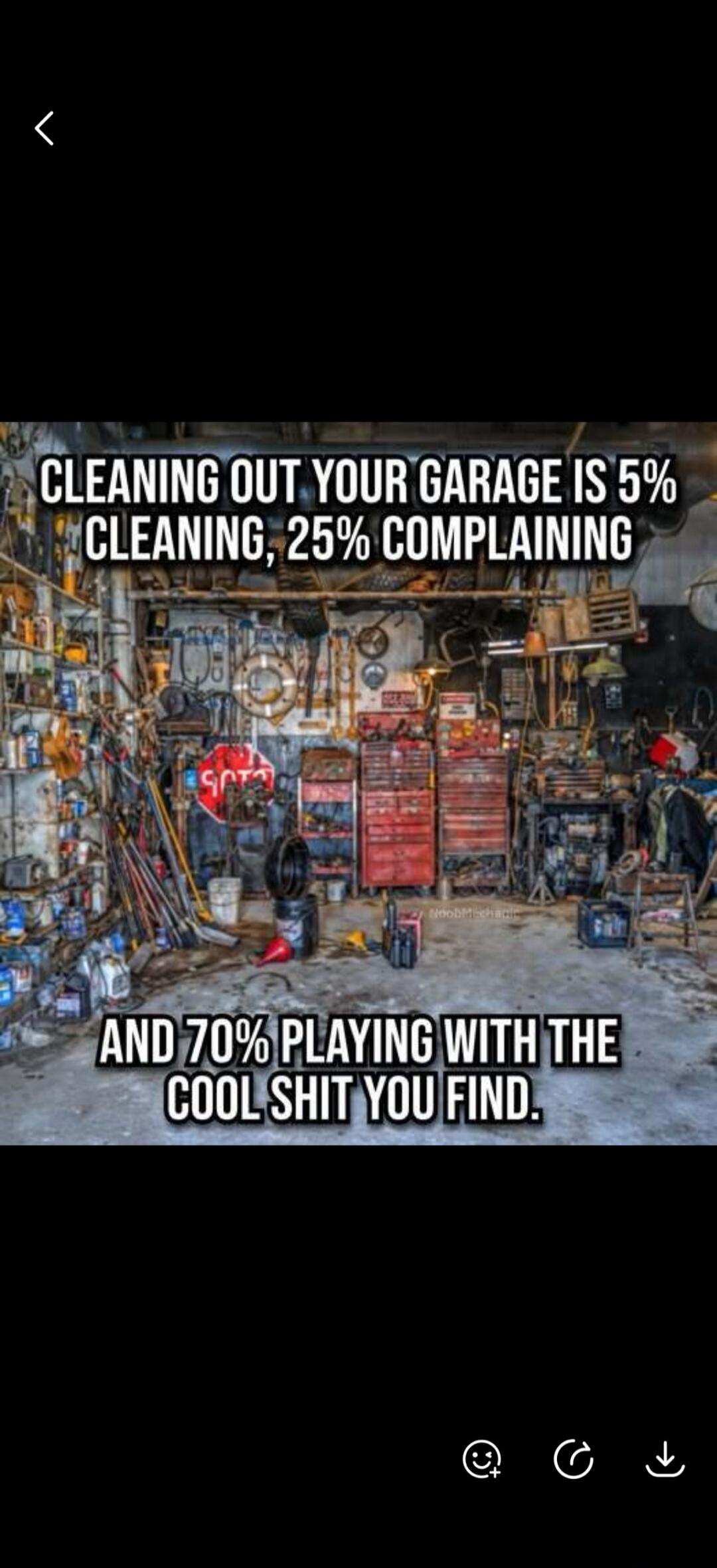 CLEANING OUT YOUR GARAGE IS 5% CLEANING, 25% COMPLAINING AND 70% PLAYING WITH THE COOL SHIT YOU FIND.