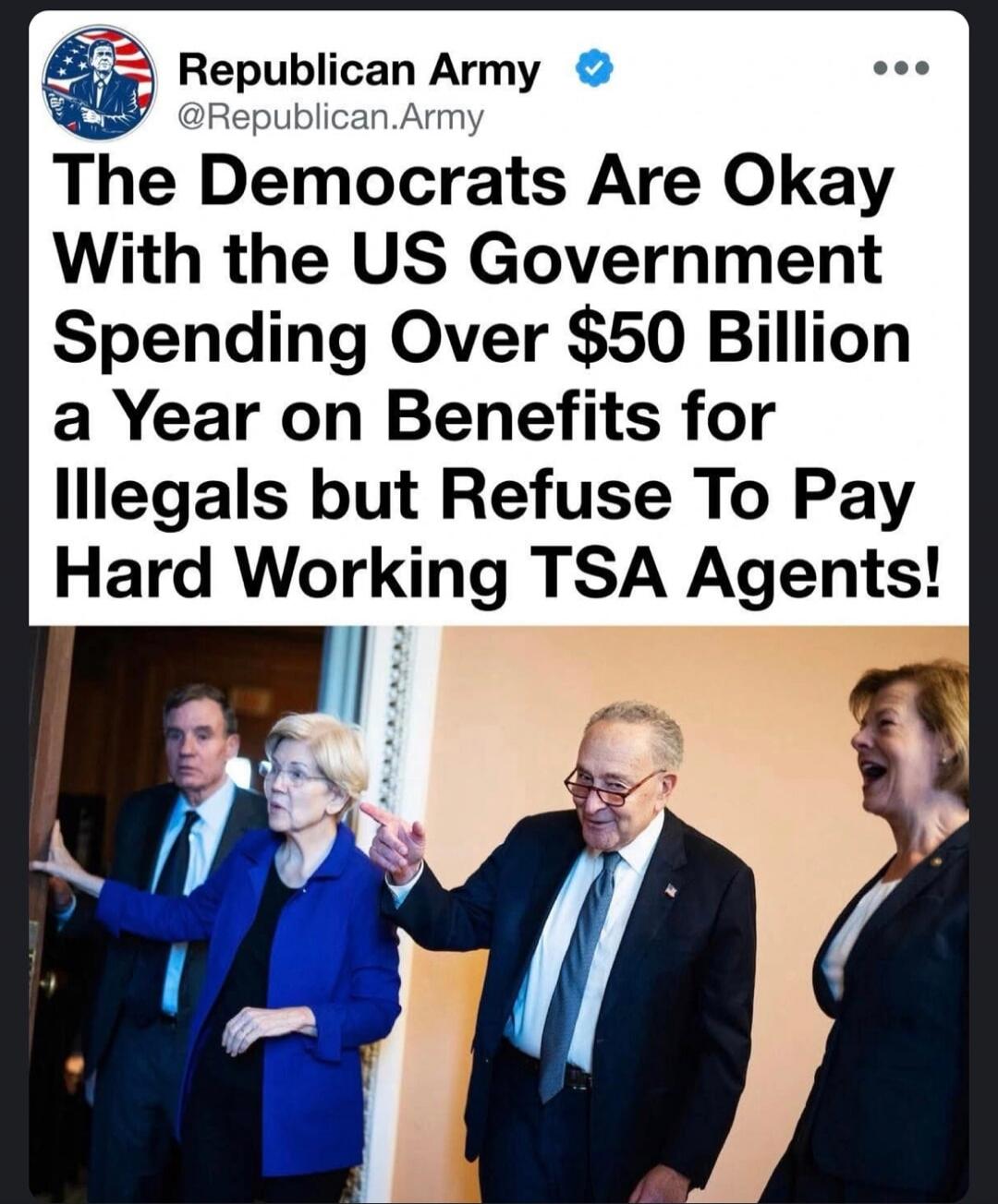The Democrats Are Okay With the US Government Spending Over $50 Billion a Year on Benefits for Illegals but Refuse To Pay Hard Working TSA Agents!