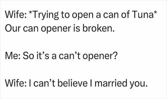 Wife: *Trying to open a can of Tuna*
Our can opener is broken.

Me: So it’s a can’t opener?

Wife: I can’t believe I married you.