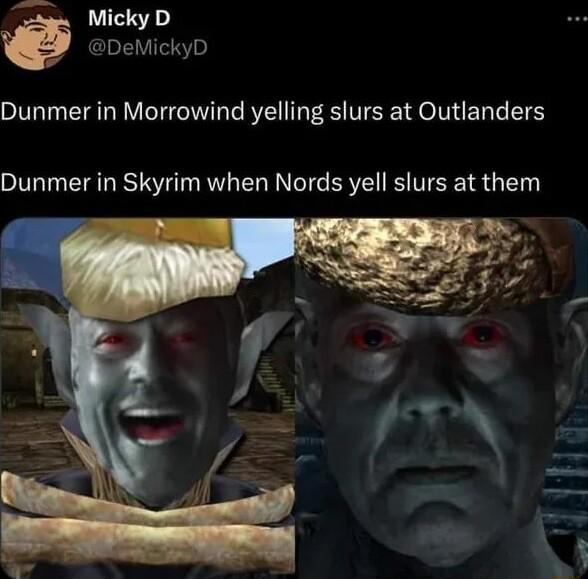 _as Micky D DeMickyD Dunmer in Morrowind yelling slurs at Outlanders Dunmer in Skyrim when Nords yell slurs at them