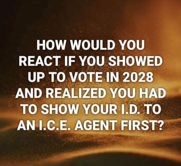 HOW WOULD YOU REACT IF YOU SHOWED UP TO VOTE IN 2028 AND REALIZED YOU HAD TO SHOW YOUR I.D. TO AN I.C.E. AGENT FIRST?