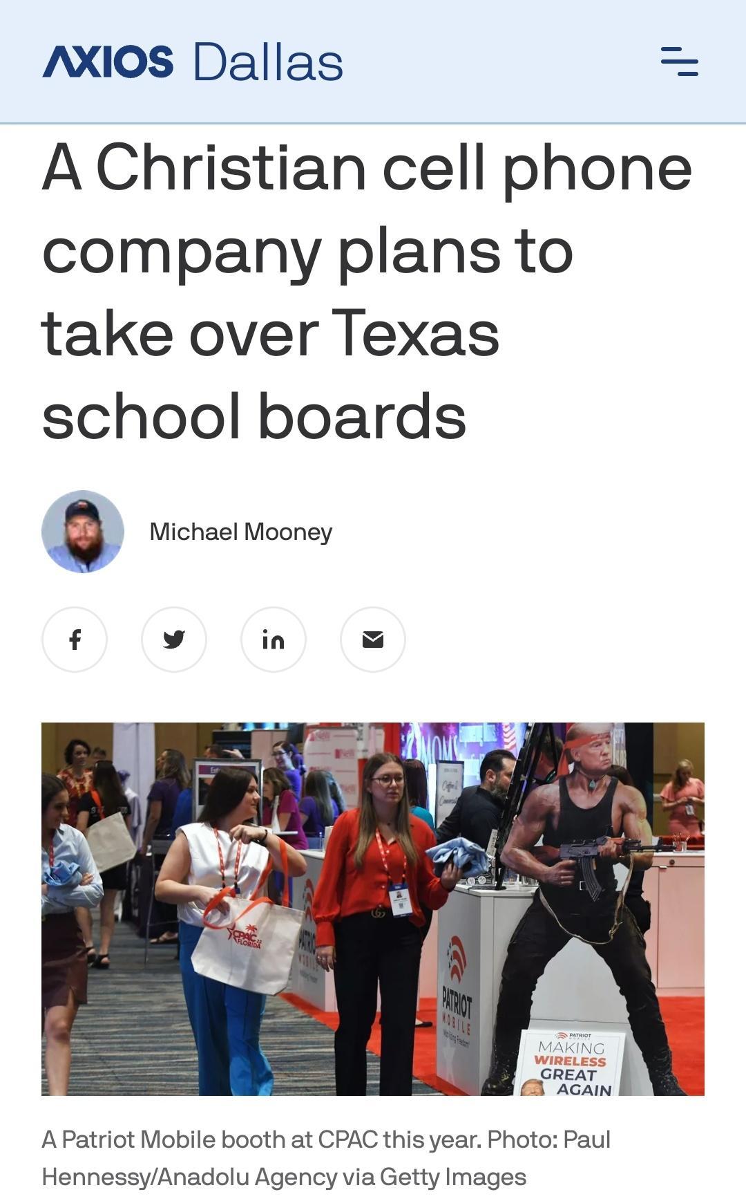 AXI0s Dallas A Christian cell phone company plans to take over Texas school boards a Michael Mooney APatriot Mobile booth at CPAC this year Photo Paul HennessyAnadolu Agency via Getty Images