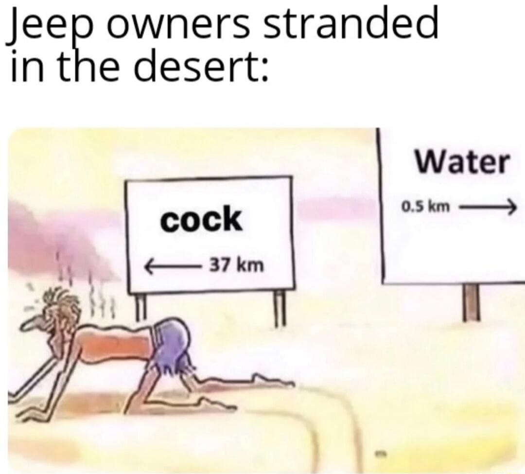 Jeep owners stranded in the desert:

[sign] cock ← 37 km
Water 0.5 km →