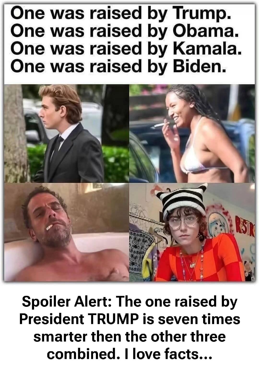 One was raised by Trump. One was raised by Obama. One was raised by Kamala. One was raised by Biden. Spoiler Alert: The one raised by President TRUMP is seven times smarter then the other three combined. I love facts...