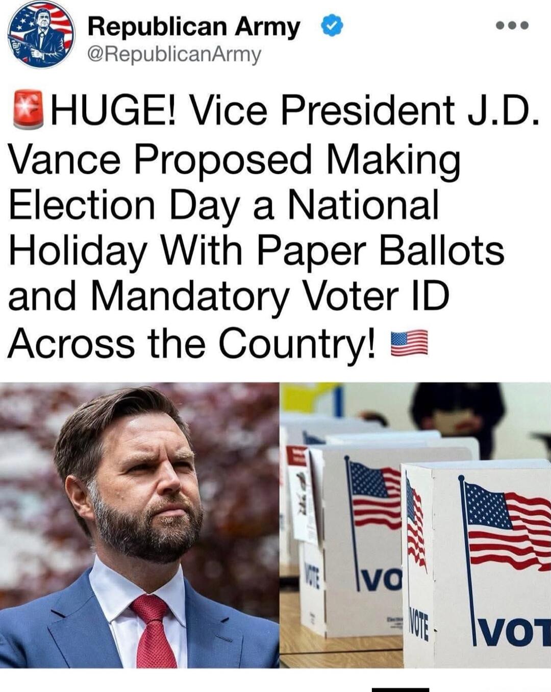 🚨 HUGE! Vice President J.D. Vance Proposed Making Election Day a National Holiday With Paper Ballots and Mandatory Voter ID Across the Country! 🇺🇸