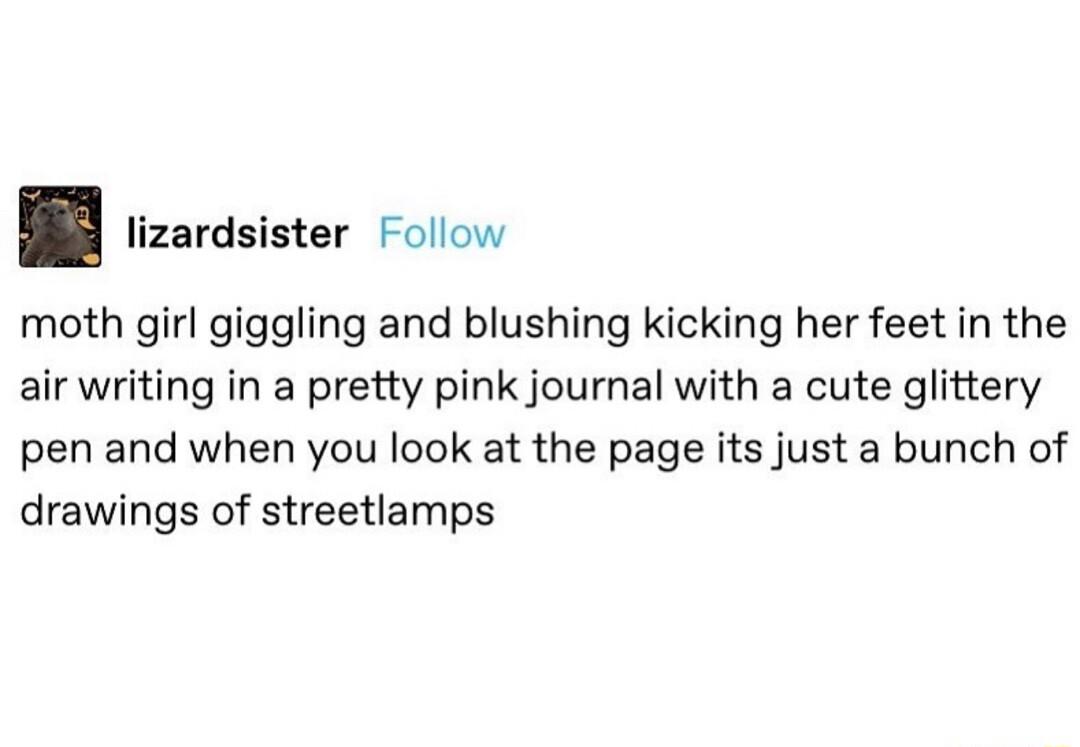 lizardsister Follow moth girl giggling and blushing kicking her feet in the air writing in a pretty pink journal with a cute glittery pen and when you look at the page its just a bunch of drawings of streetlamps
